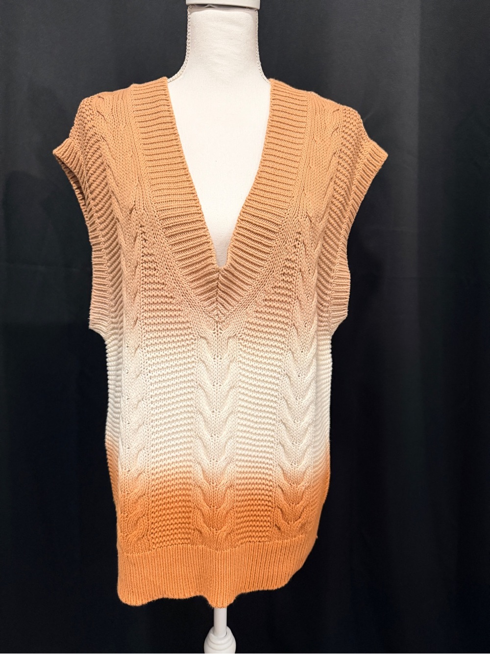 Gradient Cable-Knit V-Neck Sweater Vest in Tan and Cream (0008)